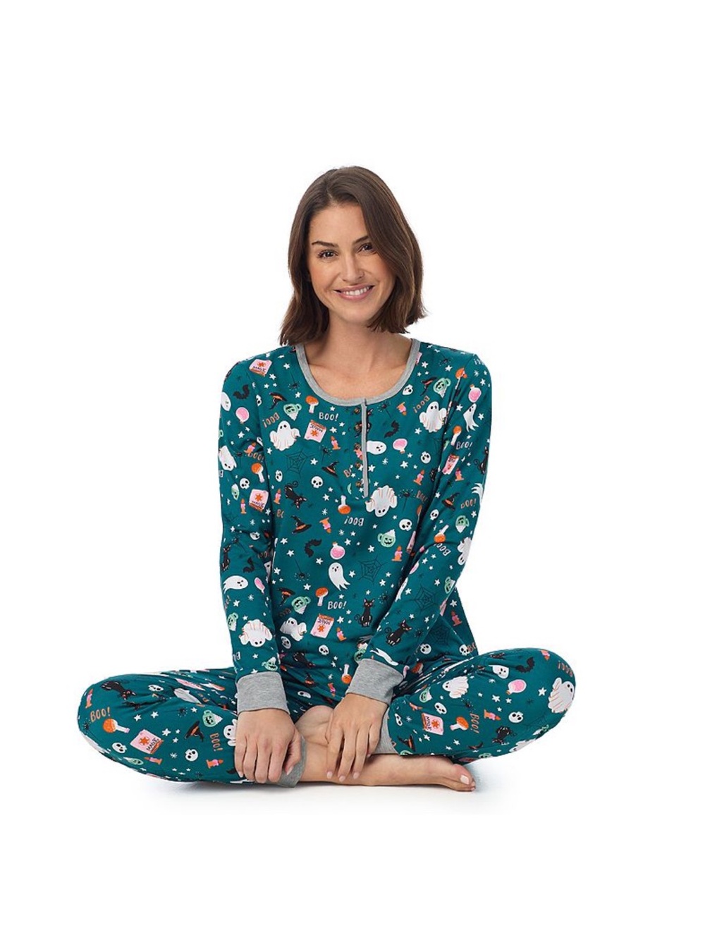 Cuddl Duds NWT Teal Holiday Print Long-Sleeve Pajama Set - Picture 4 of 4
